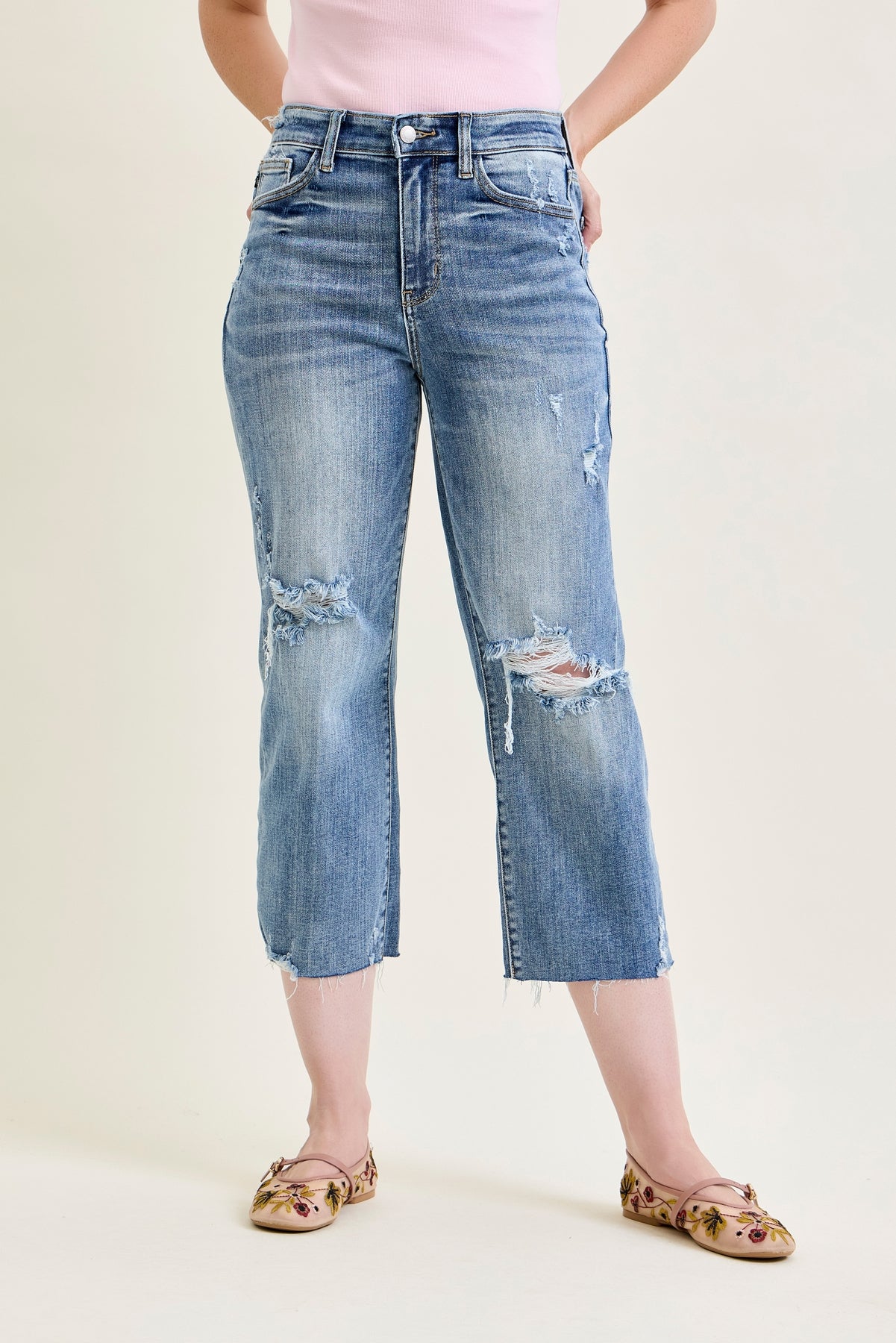 Celeste High Rise With Distressed Crop Wide Leg