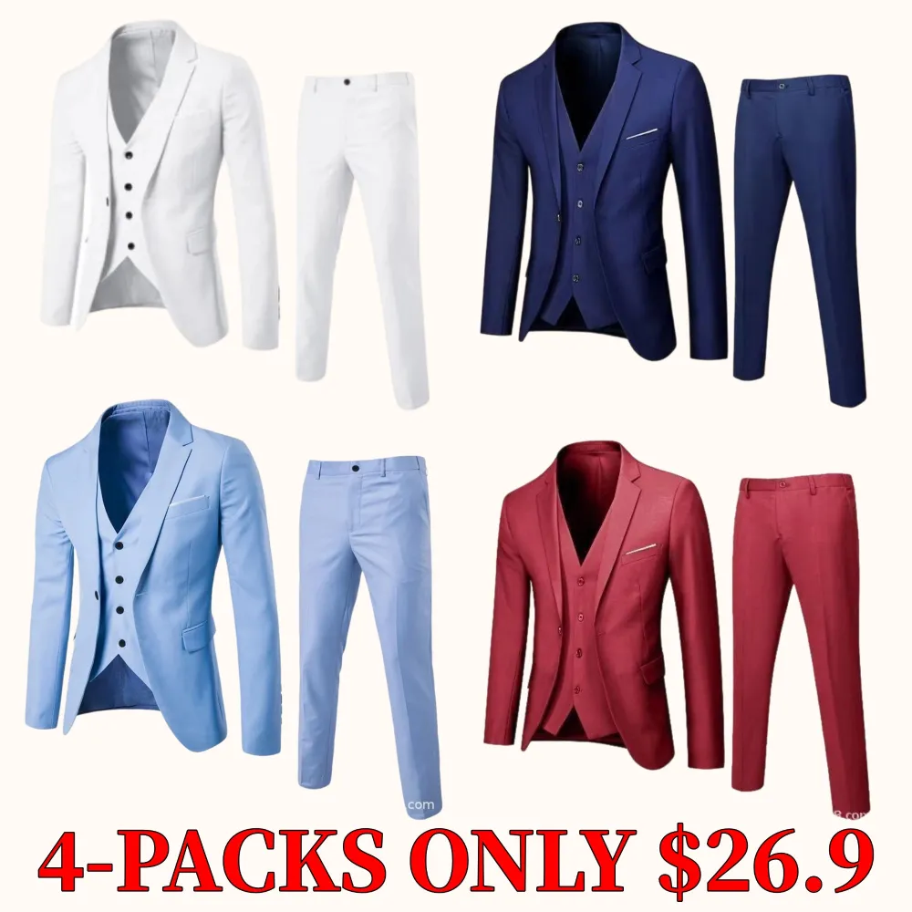 Men's three-piece suit, casual solid-color slim-fit formal wear