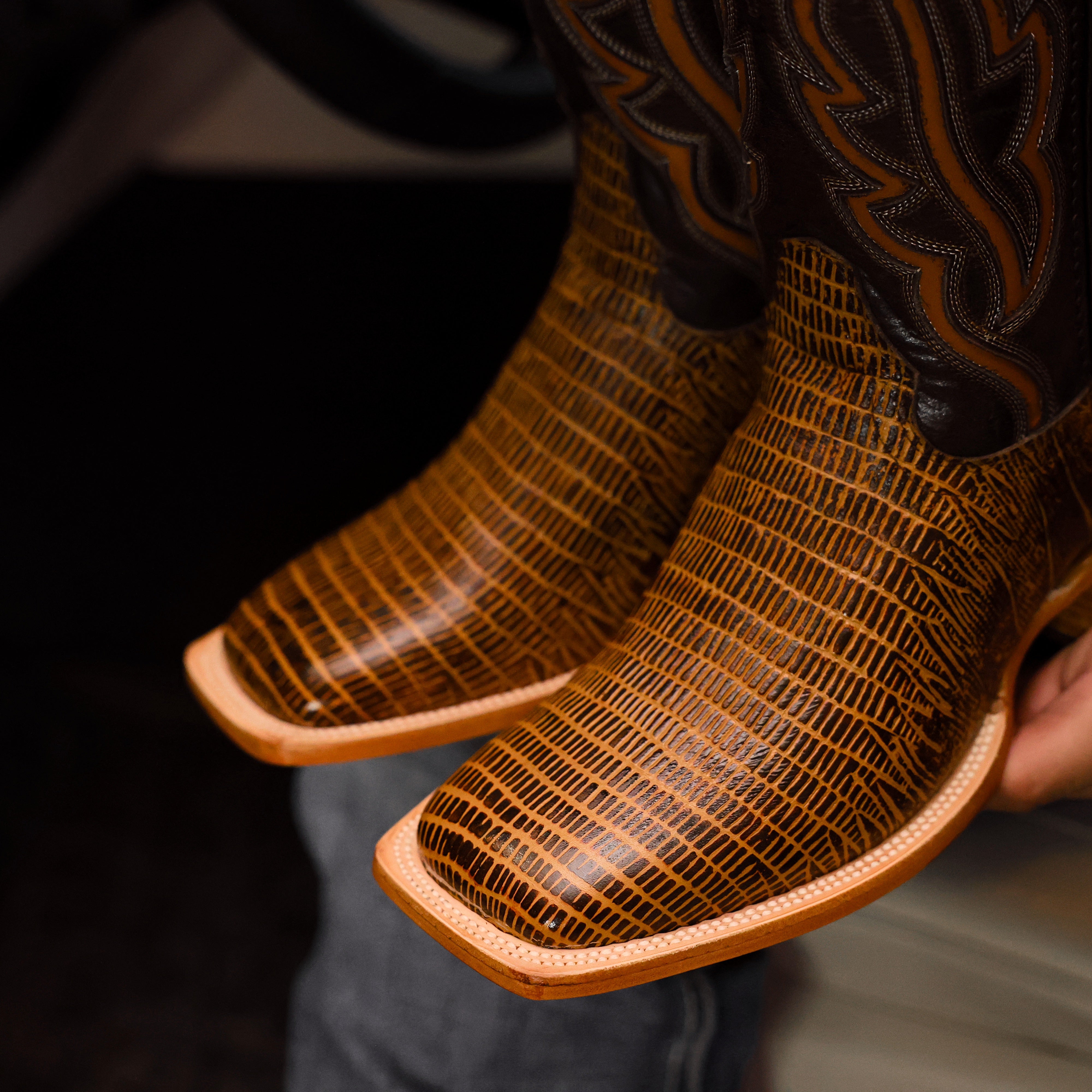 Honey Lizard Leather Boots - Square Toe