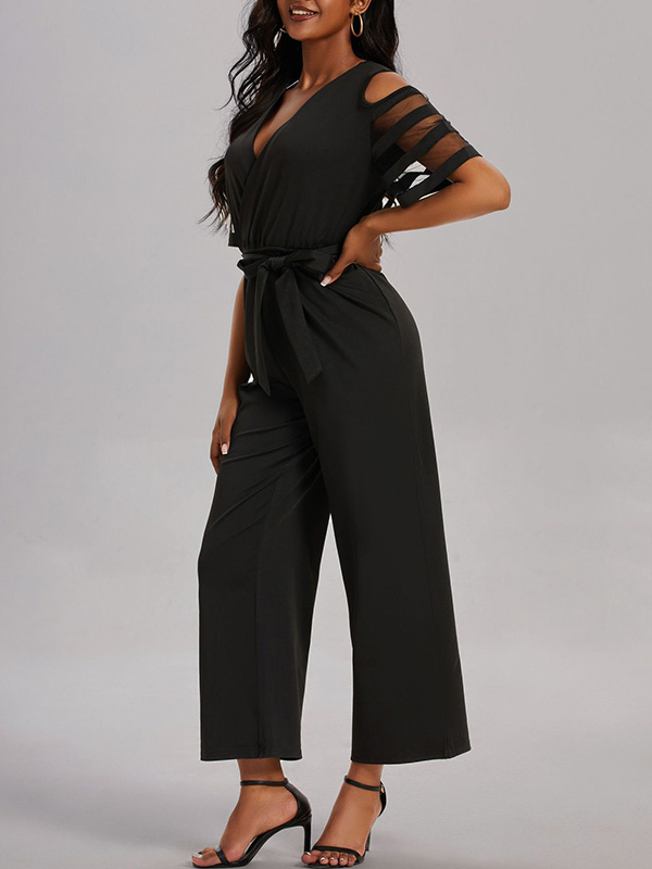 Hollow Mesh Solid Color Tied Waist High Waisted Loose V-Neck Jumpsuits