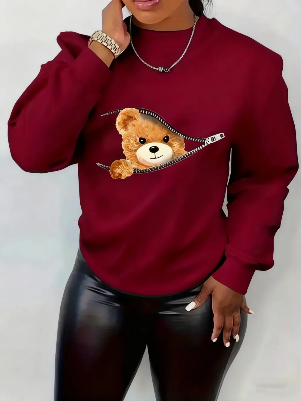 Women's Cartoon Bear Print Drop Shoulder Longsleeves