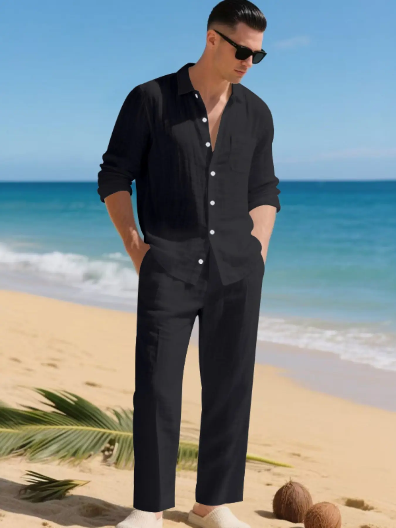 Men's Summer Linen Shirt & Pants Set, Casual Long Sleeve Beachwear, Comfortable Fashion Clothing for Vacation