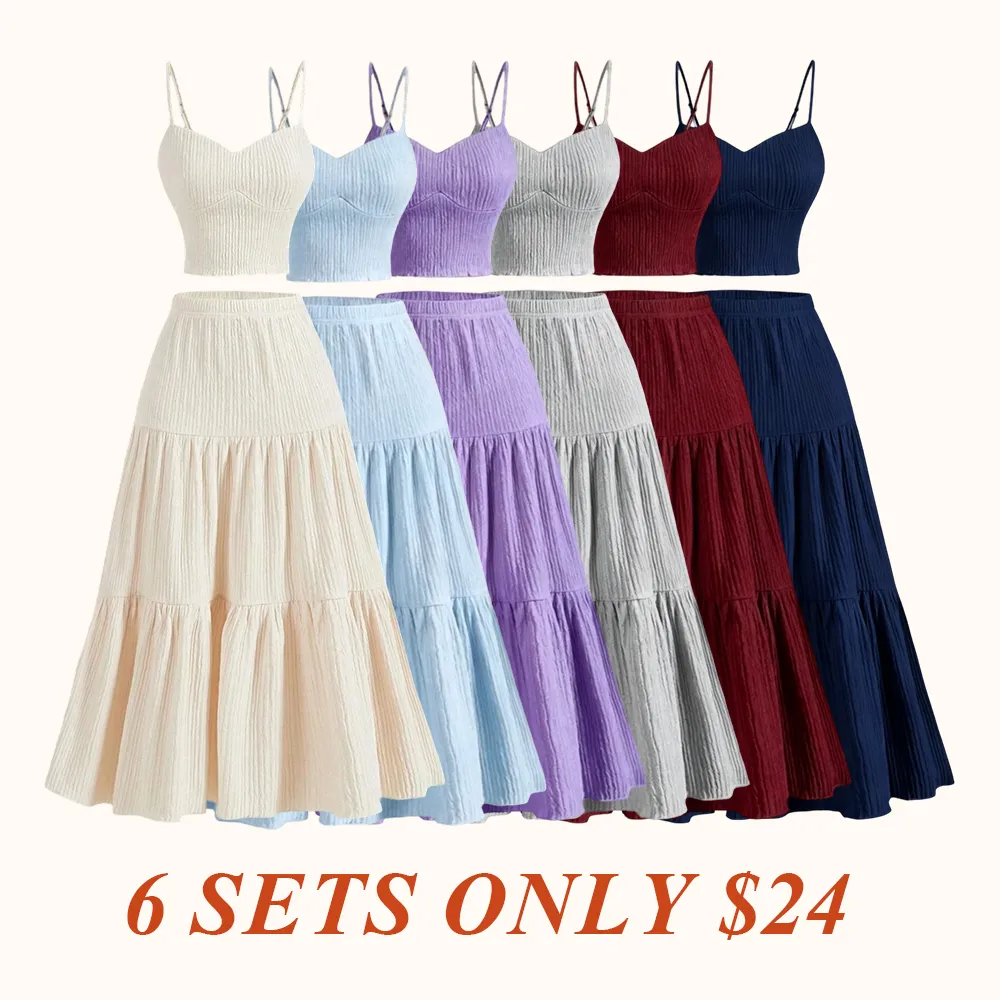 Women's Solid Crop Cami Top & A-line Skirt Two-piece Set, Casual Fashion Cozy Two Piece Outfits for Daily Outdoor Wear