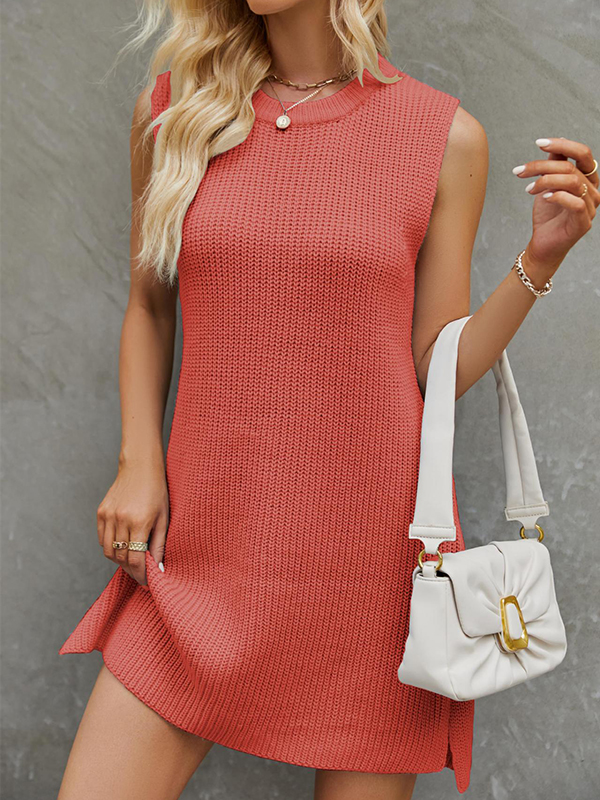 Solid Color Split-Side Tied Waist A-Line Loose Round-Neck Sweater Dresses Mini Dresses