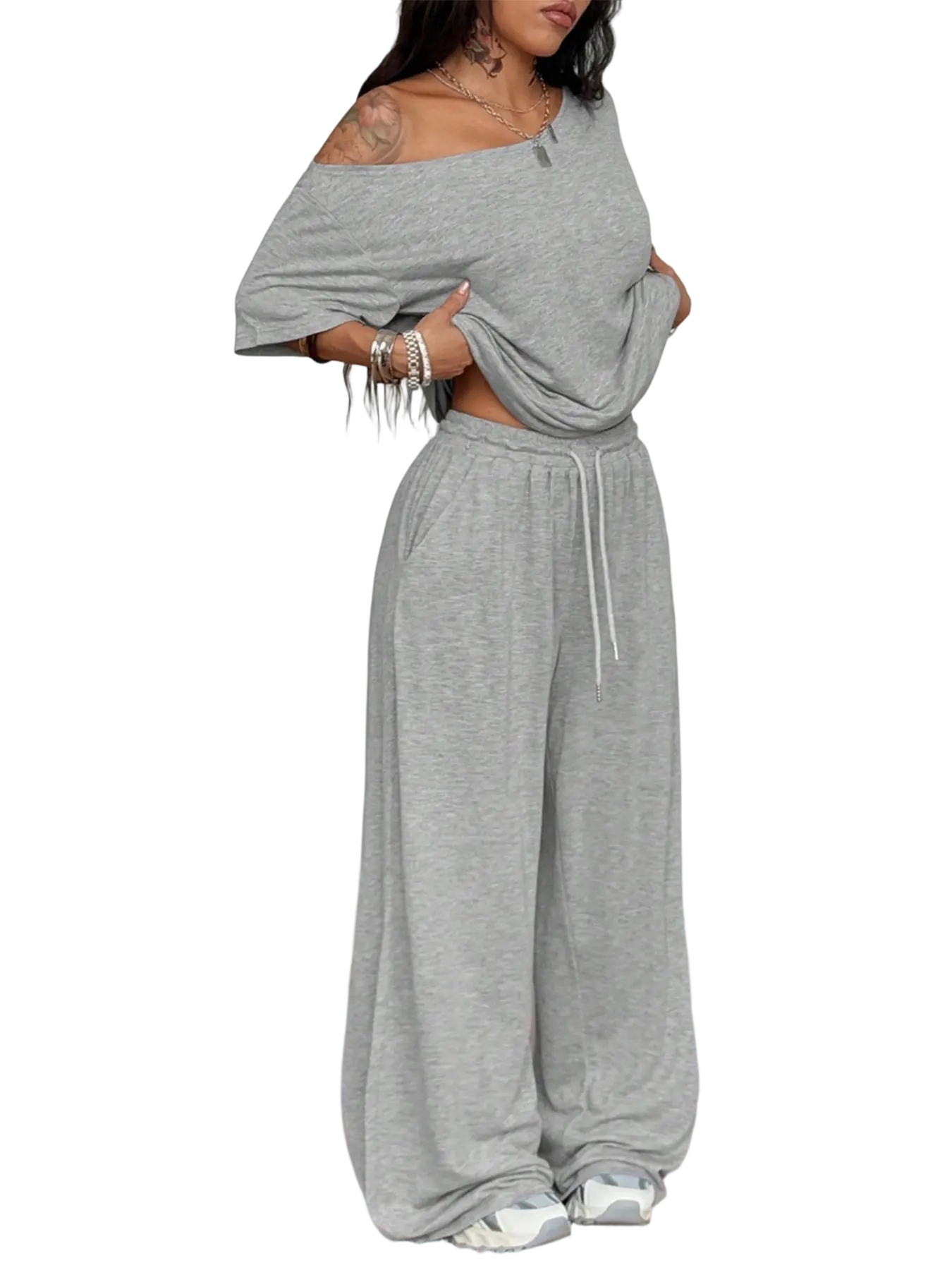 Women's Minimalist Basic Daily Wear Casual Going Out Sport Comfortable Off Shoulder T-Shirt And Wide Leg Pants Two Pieces Outfits