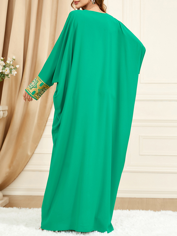 Contrast Color Embroidered Muslim Batwing Sleeves Loose Round-Neck Muslim Abaya Maxi Dresses