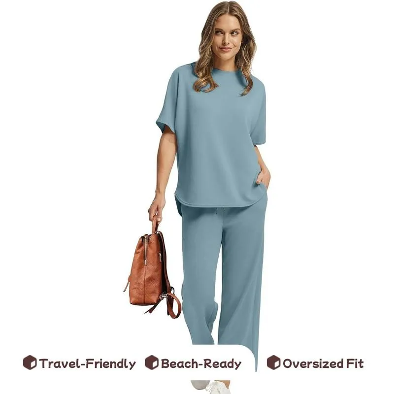 Two Piece Sets for Women Summer Outfits Oversized Wide Leg Crop Pants Lounge Sets