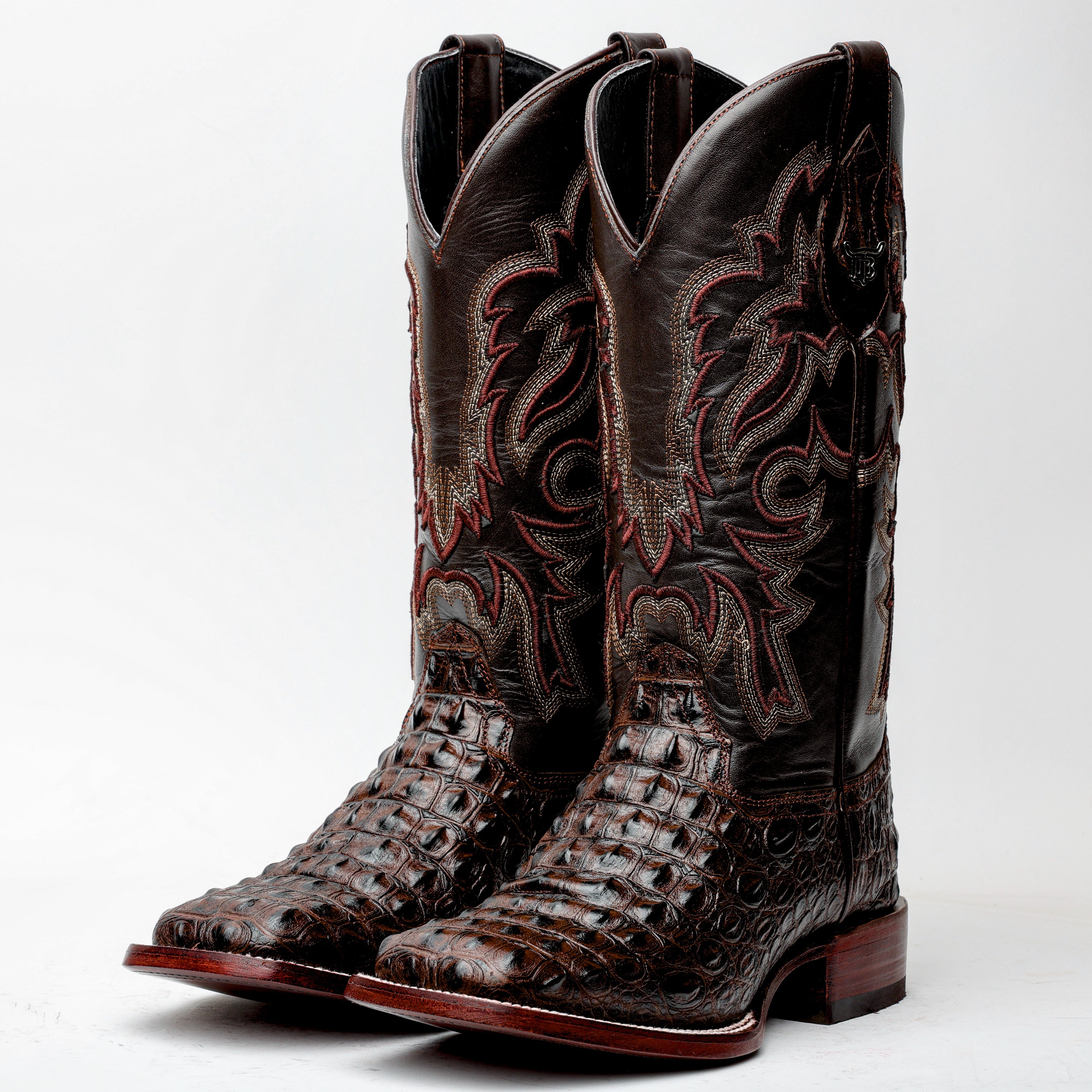 Brown Caiman Hornback Leather Boots - Square Toe