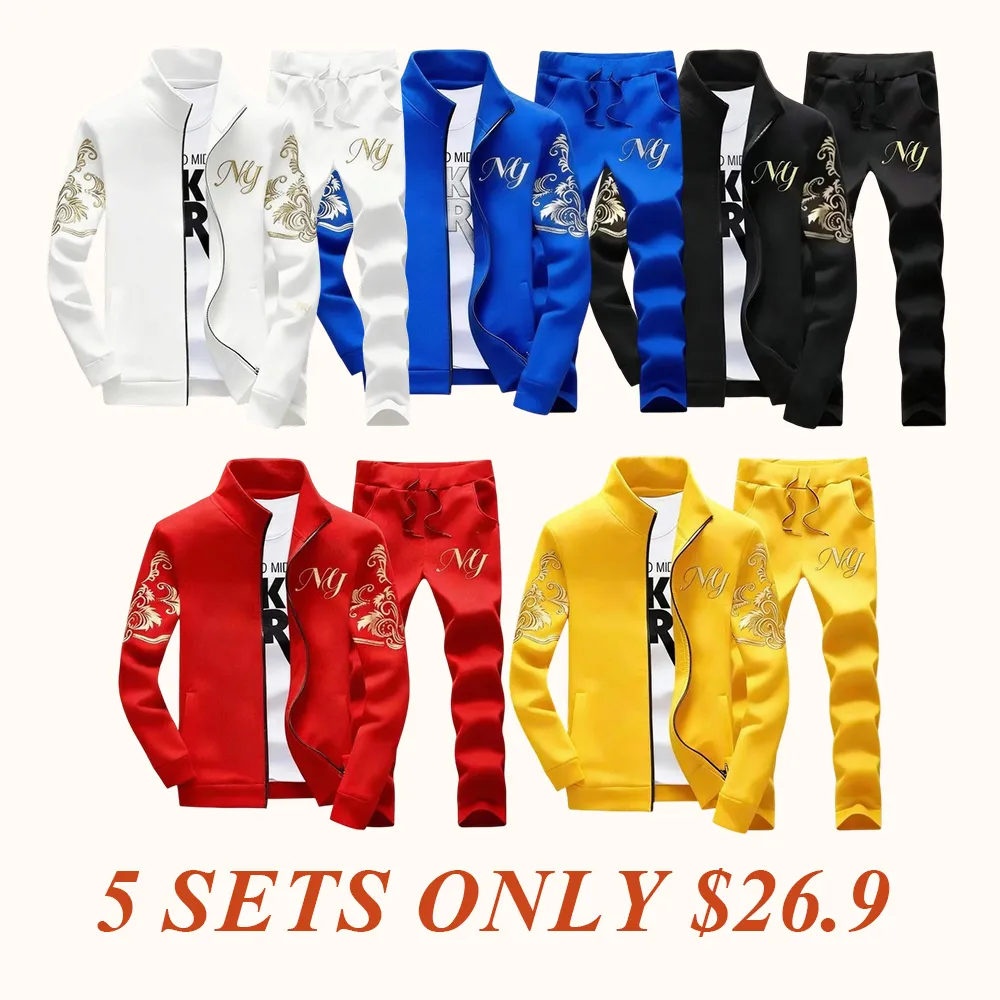 Men's Embroidery Stand Collar Tracksuit 2-Piece Full Zip Sportswear for Daily Casual Yellow Sweatsuit Matching Set