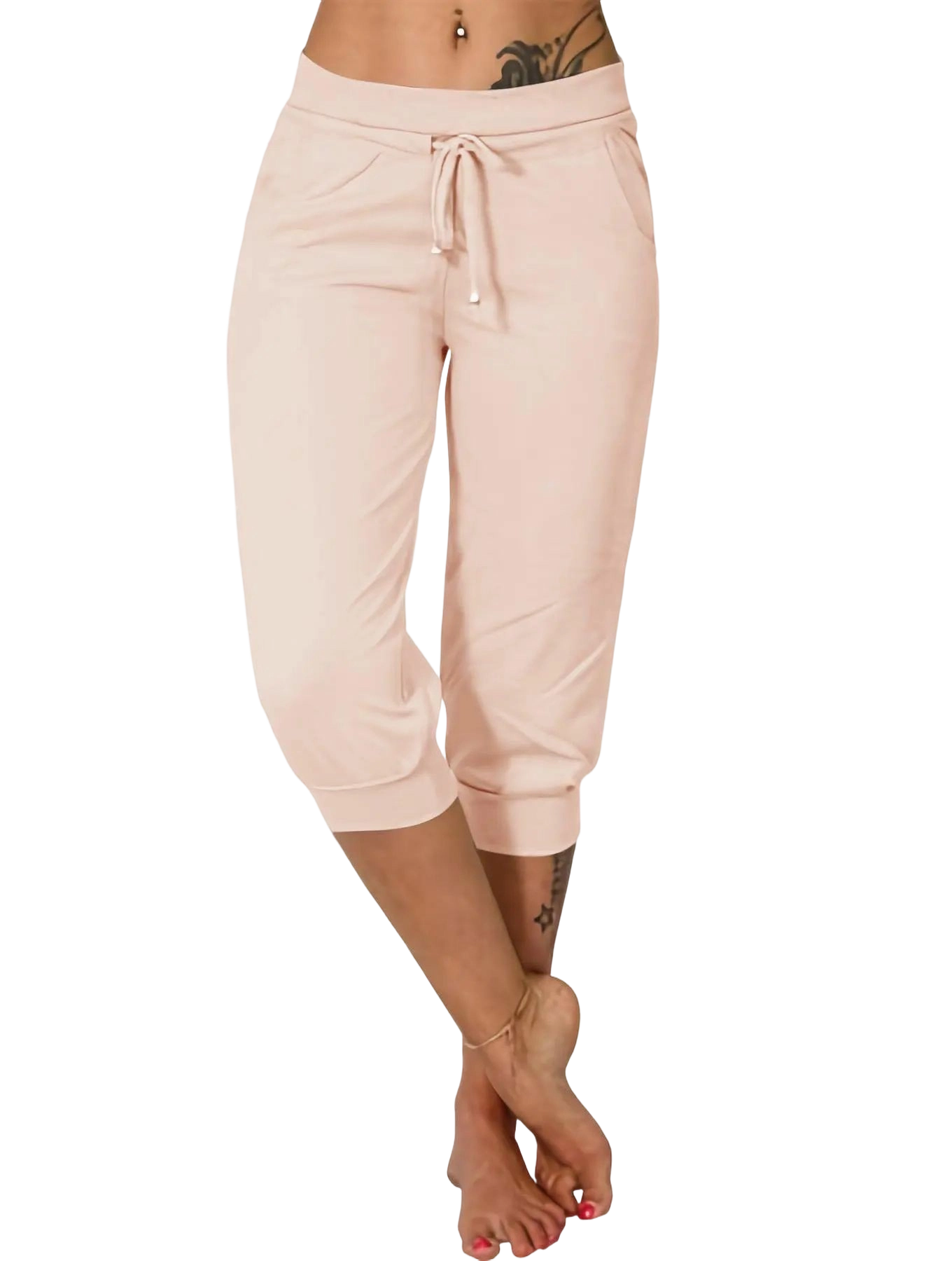Women's Plain Drawstring Waist Capris Pants, Casual Pocket Trousers for Daily Wear