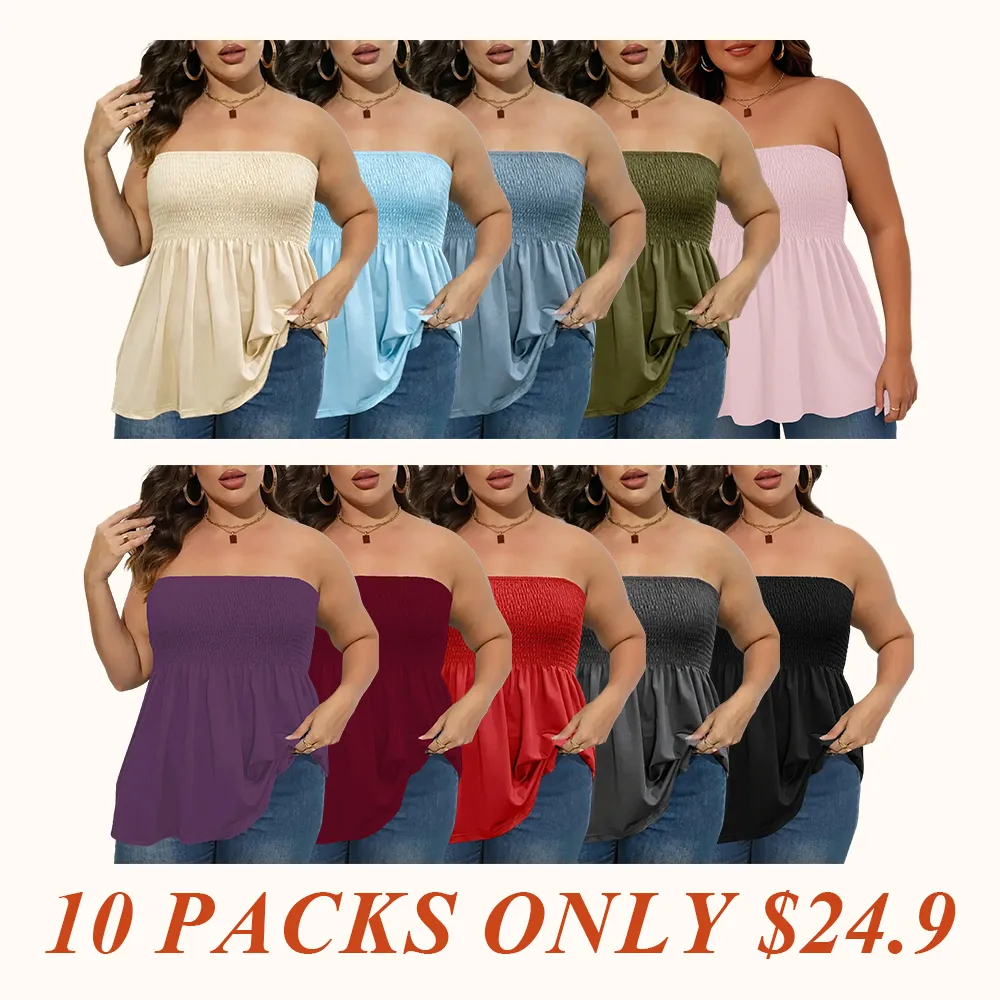 Plus Size Solid Ruffle Hem Shirred Tube Top, Boho Fashion Chic Style Tops, Lady Strapless Top
