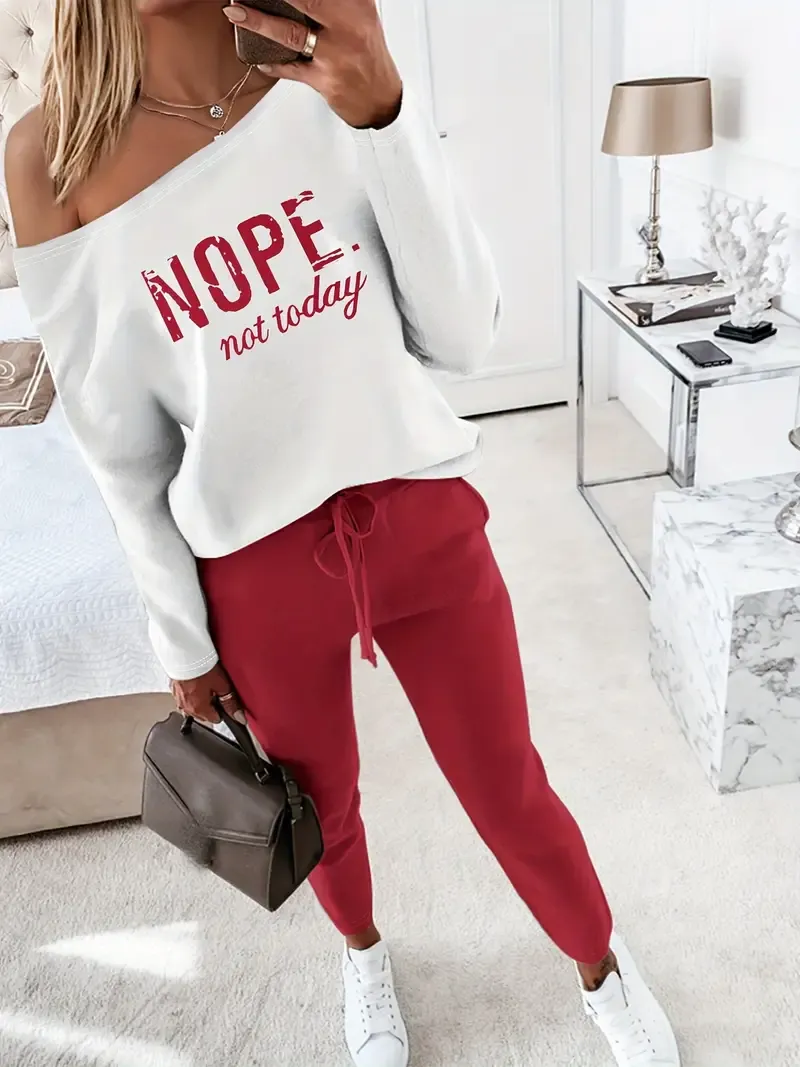 Two Piece Spring/Fall Casual Two-Piece Set with Nope Not Today Print, Long Sleeve Top & Drawstring Pants for Women