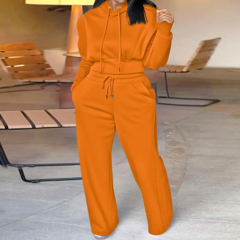 Hooded Long Sleeve Sweatshirt and Casual Wide Leg Sweatpants Set