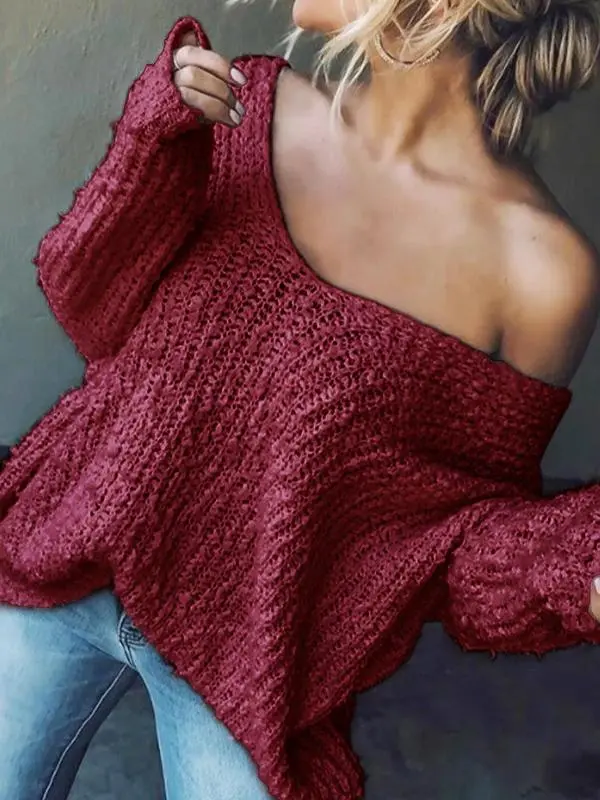 Women's Plain Drop Shoulder V Neck Sweater