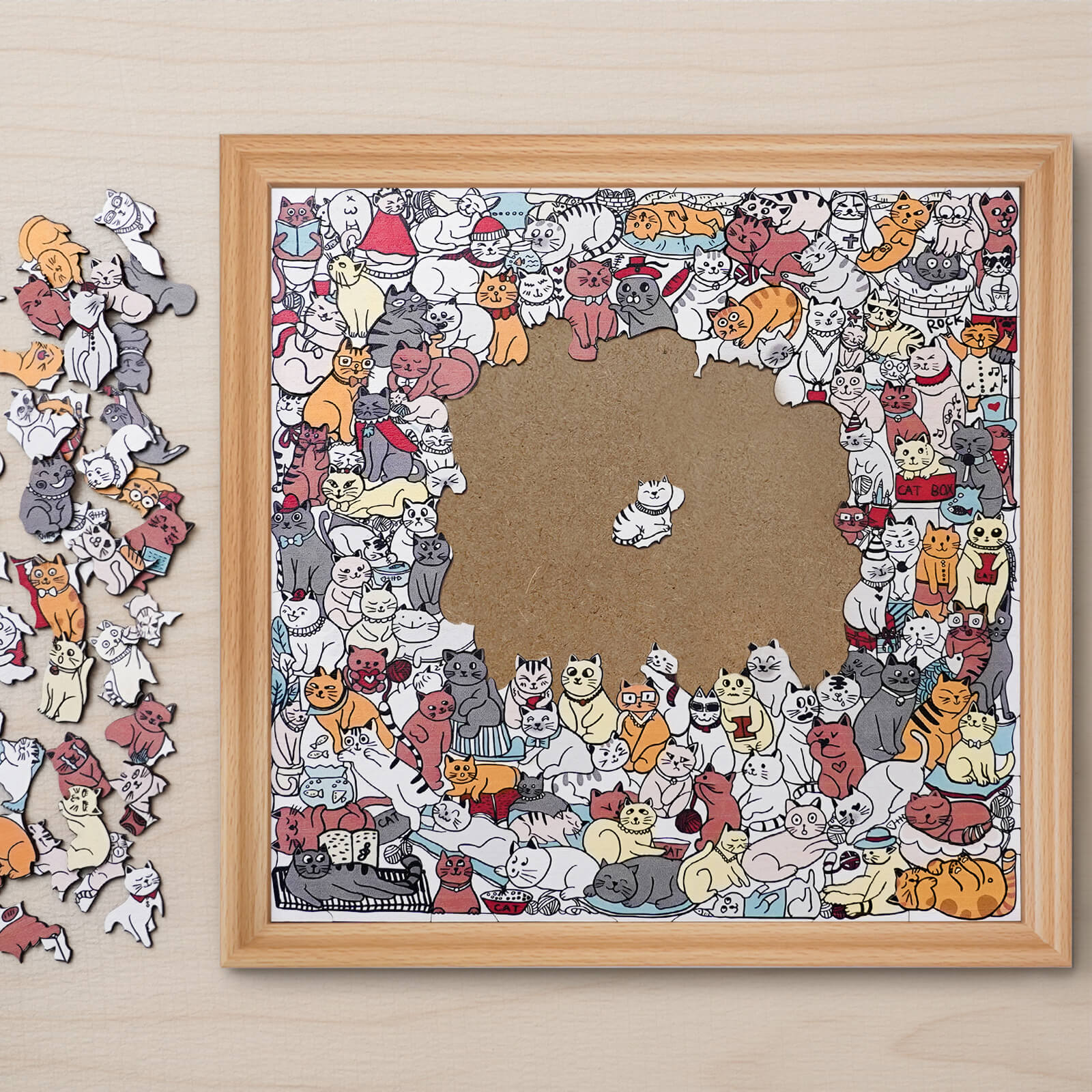 175 Pcs Morandi-Colored Cute Cat Shaped Square Wooden Jigsaw Puzzle