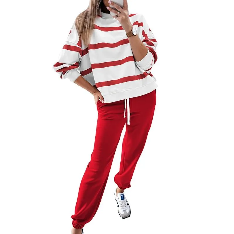 Women's Striped Two Piece Outfit Long Sleeve Drop Shoulder Pullover Tops & Jogger Pants Sets