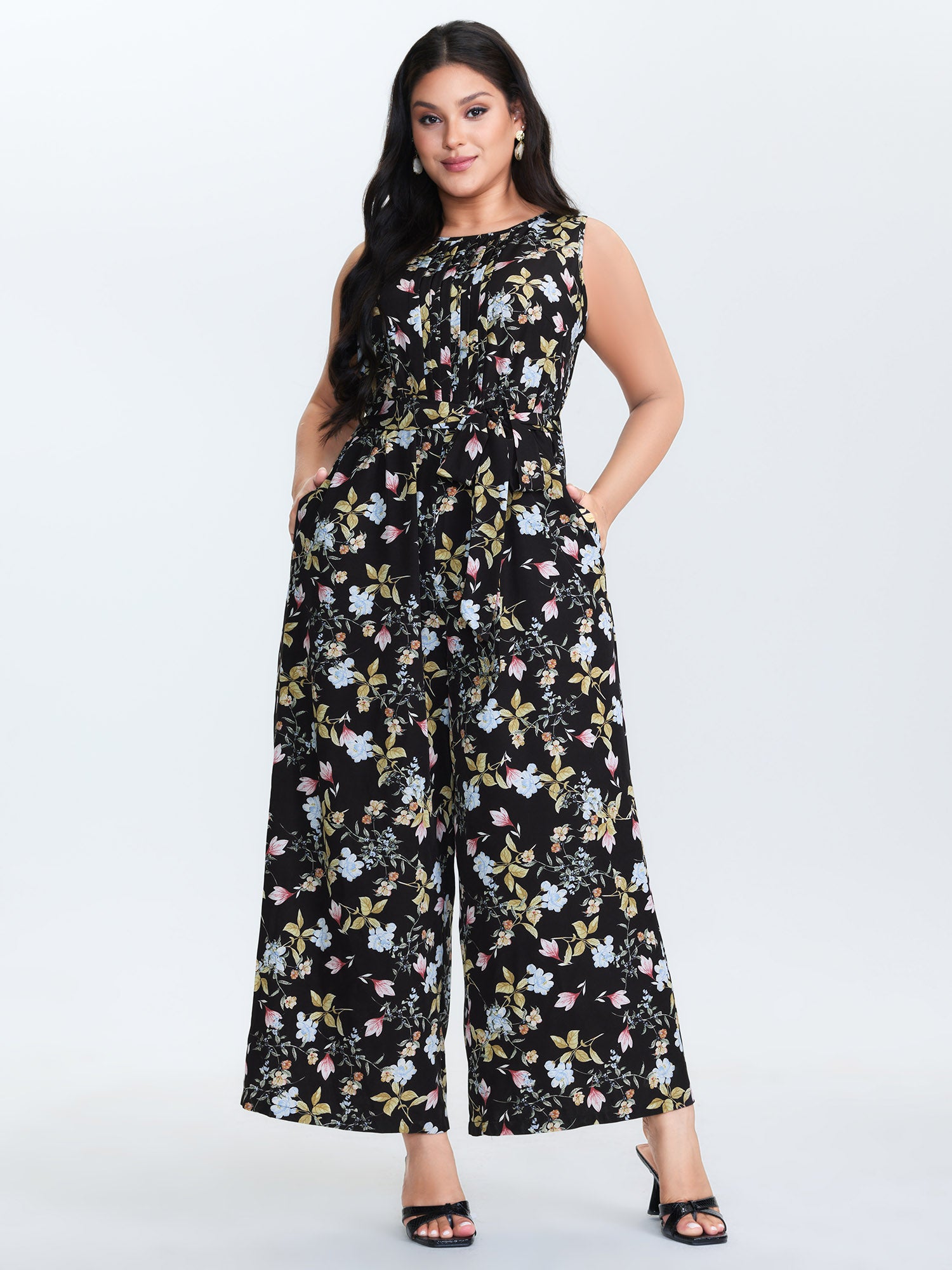Floral Print Belted Plicated Detail Jumpsuit