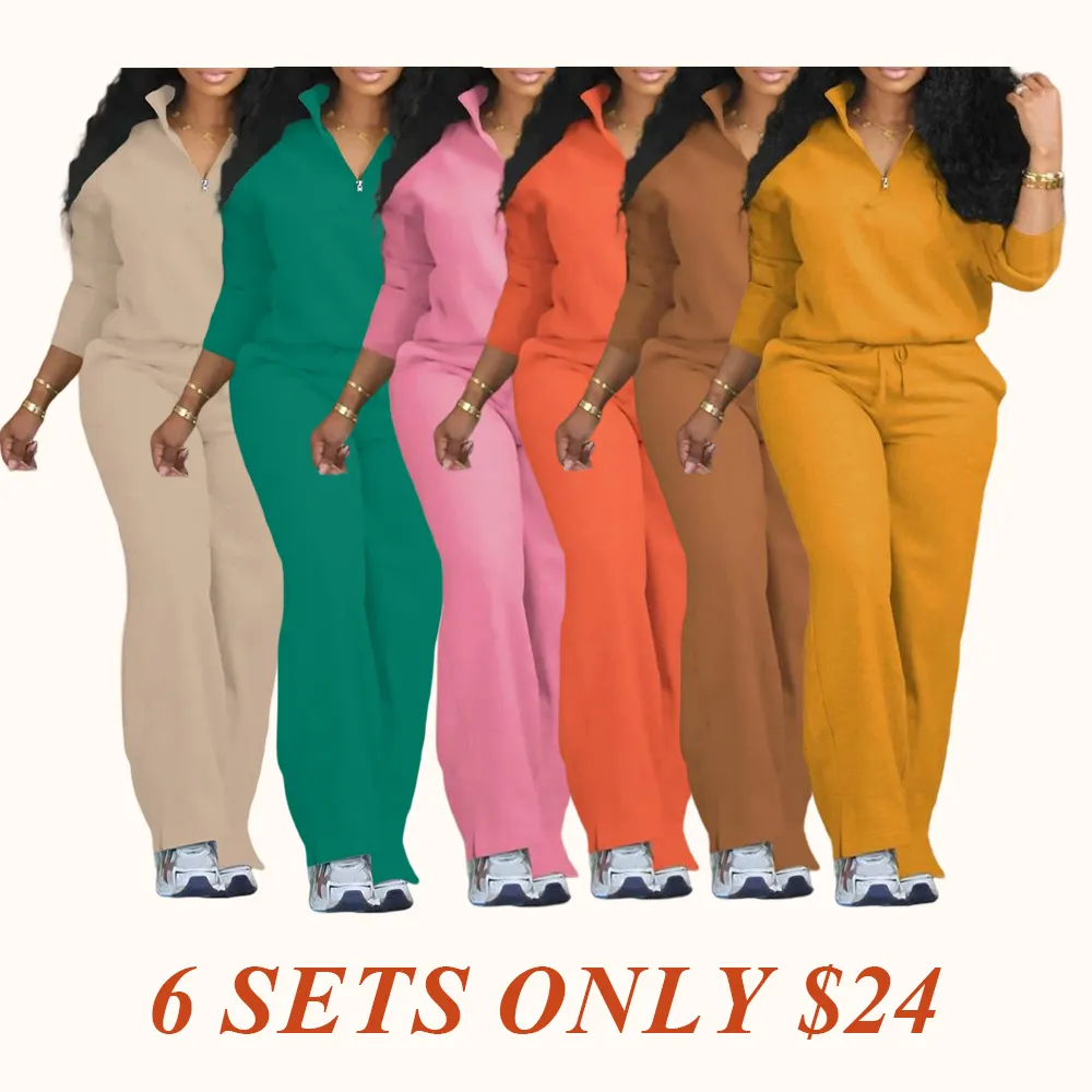 Women's Solid Half Placket Split Hem Pants Set