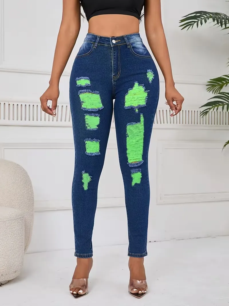 Women's Fashion Yellow Ripped Distressed Skinny Jean Slim Fit Denim Pants