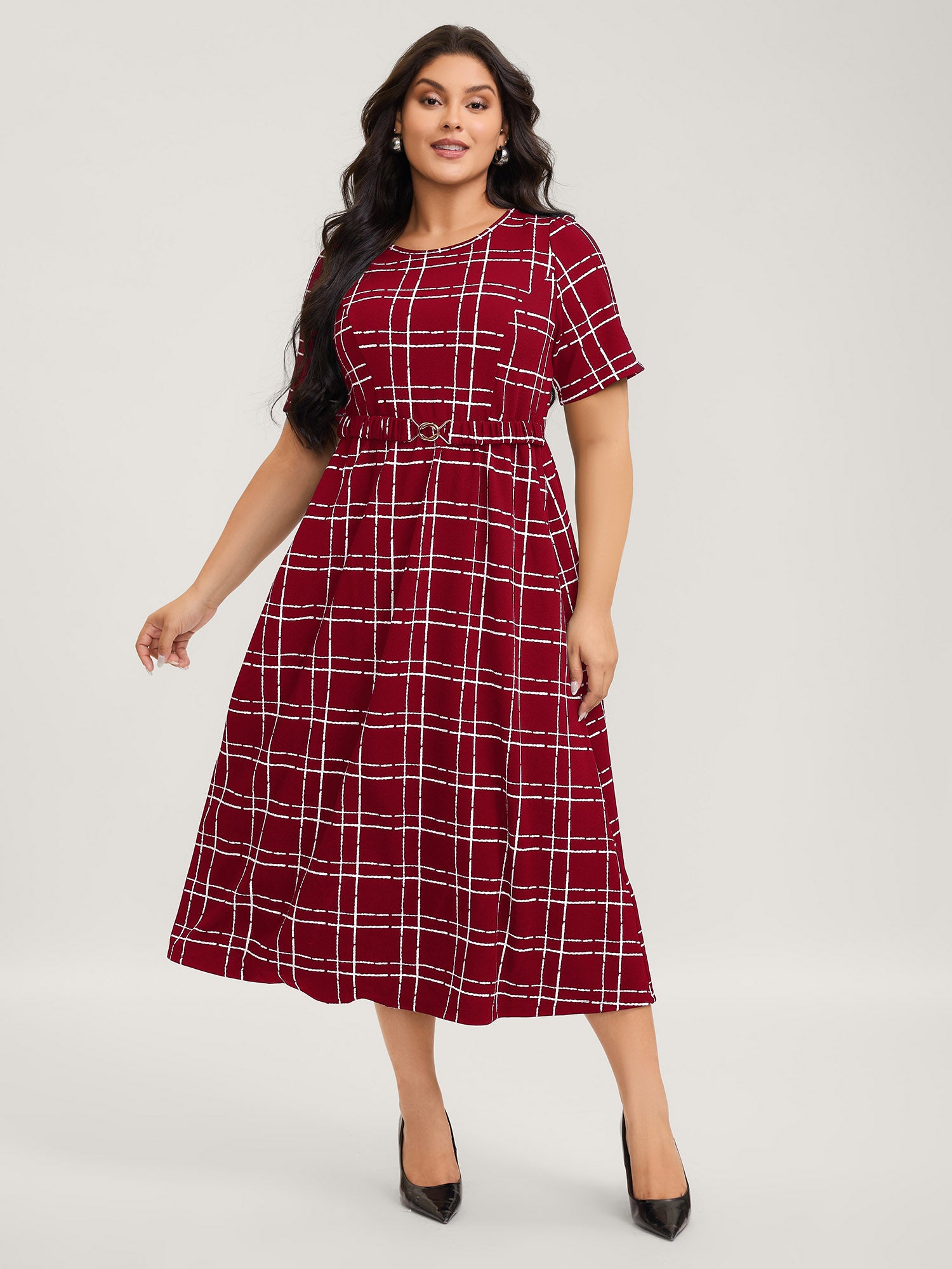 Grid Print Knit Belted Midi Dress
