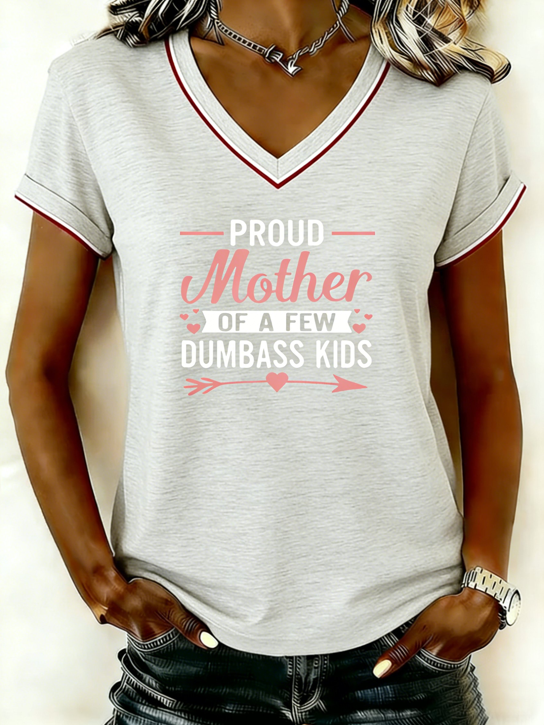 Mother's Day Letter Pattern Short Sleeve V Neck Loose  Casual T-Shirt