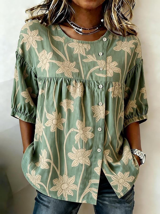 Women's Retro Floral Cotton Linen Top- Fast Shipping