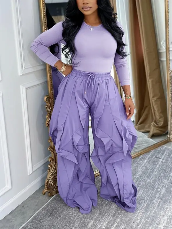 Women's Slim-Fitting Top & Wide-Leg Patchwork Ruffle Pants Set