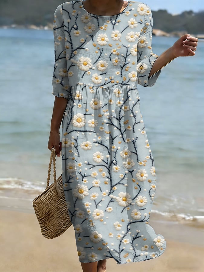 Women's Casual Solid Color Round Neck Mid-Sleeve Floral Print Cotton Linen Dress- Fast Shipping