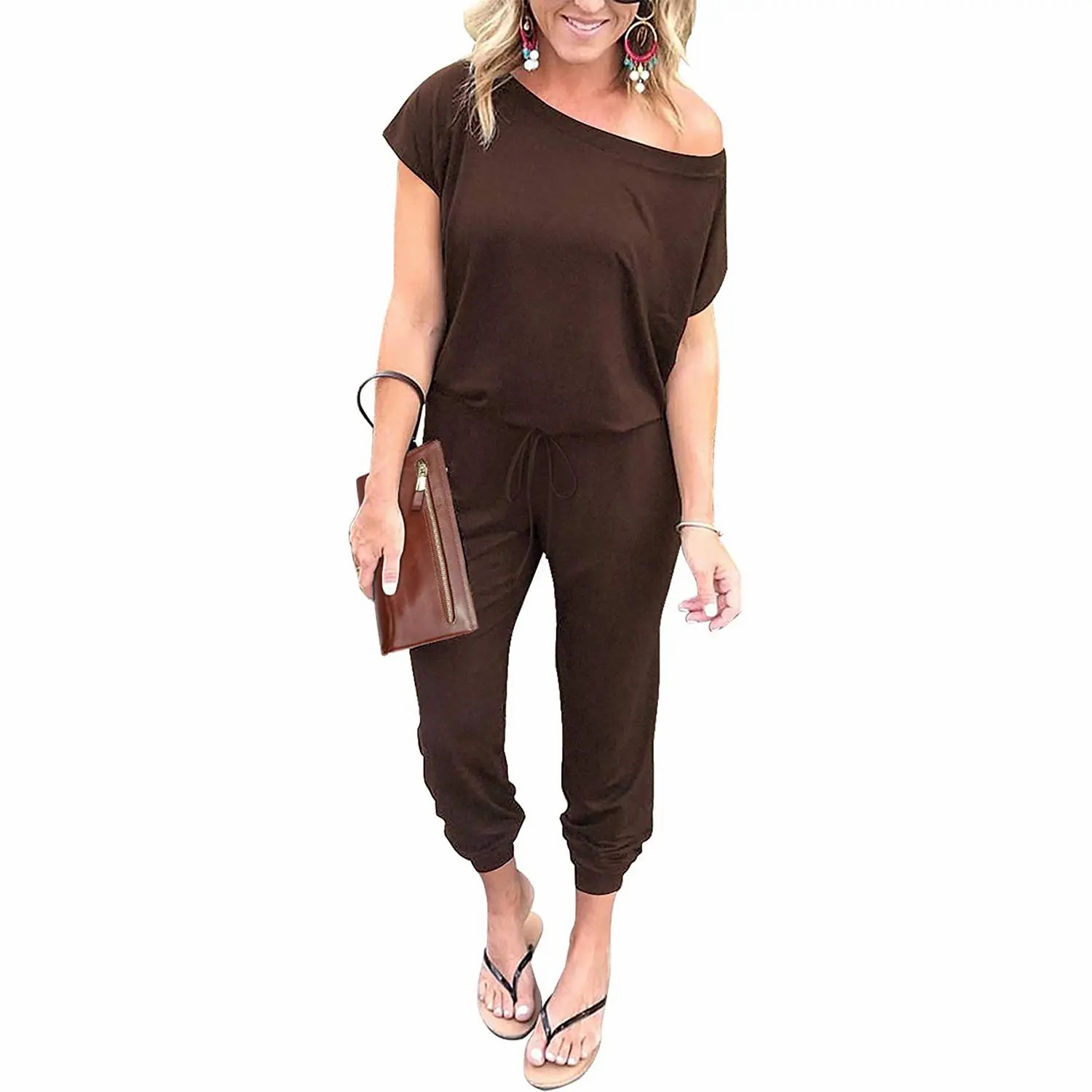 Women's Off-Shoulder Elastic Waist Jumpsuit – Lightweight Casual Romper
