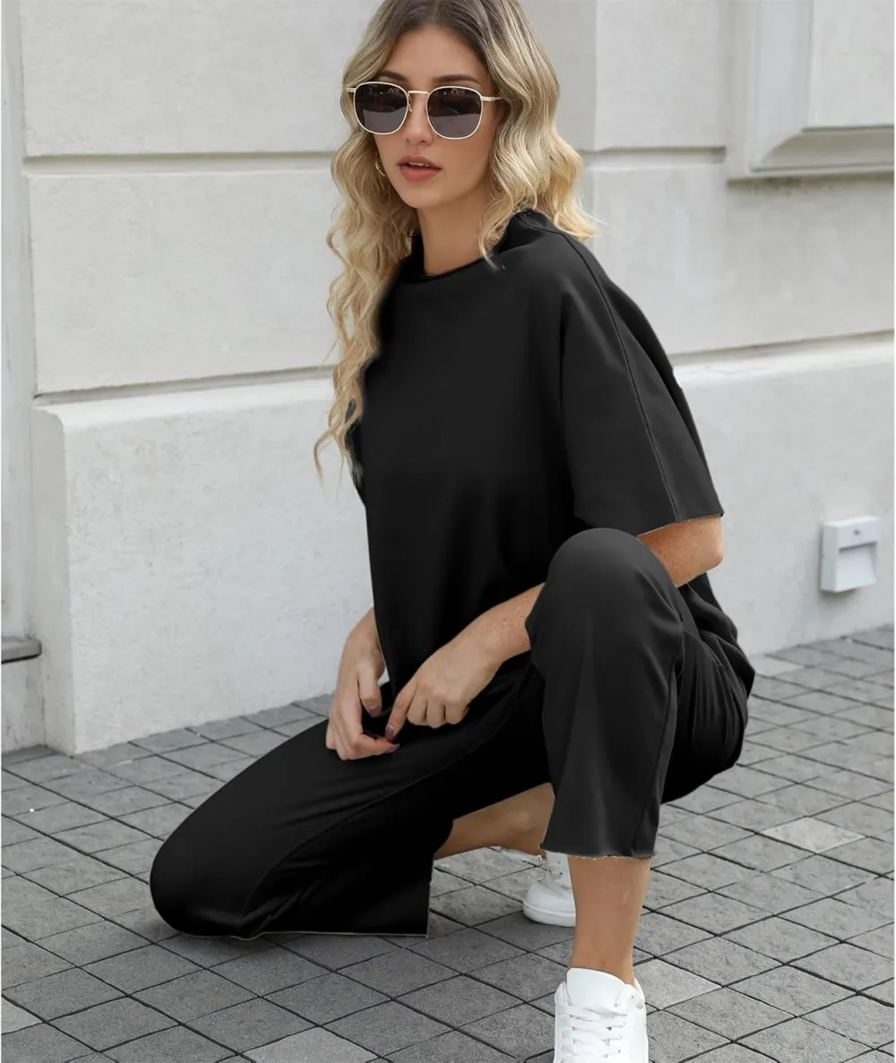 Women's 2 Piece Outfits Lounge Set 3/4 Batwing Sleeve Capelet Crew Neck Pullover Tops Wide Leg Pants