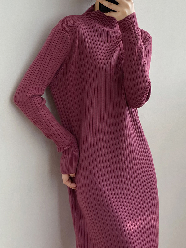 Fringed Solid Color Long Sleeves Loose Mock Neck Sweater Dresses Midi Dresses