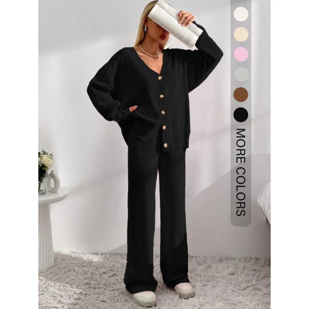 Women's Button Front V-Neck Cardigan & Wide Leg Pants Set