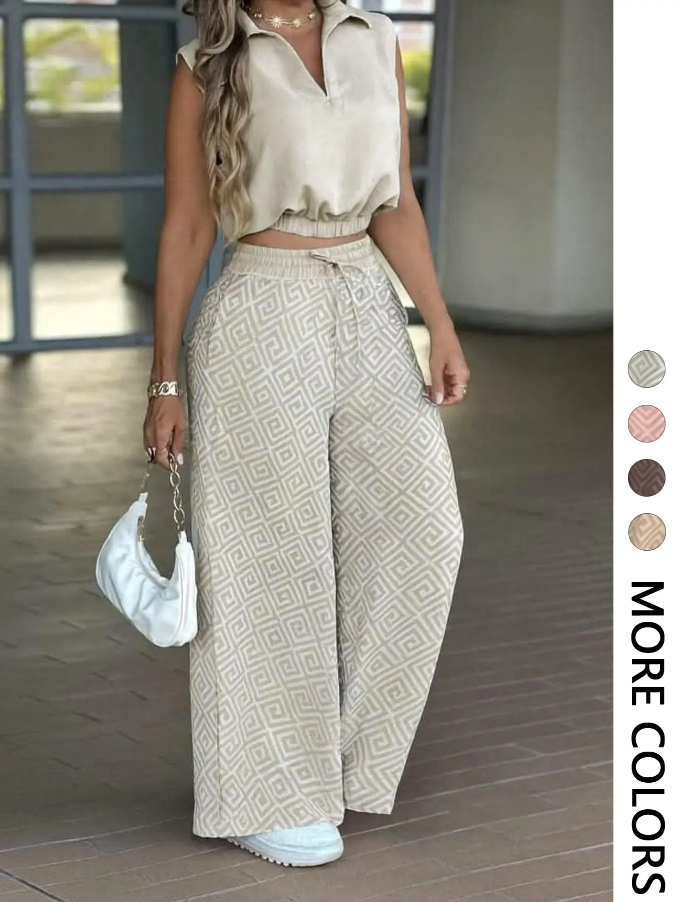 Women's Casual Commuter Set, Sleeveless Collared Waist-Defined Crop Top with High-Waisted Drawstring Wide-Leg Pants