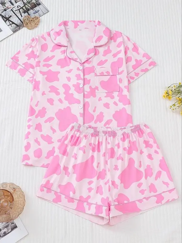 Women's Cow Print Contrast Binding Pyjama Set