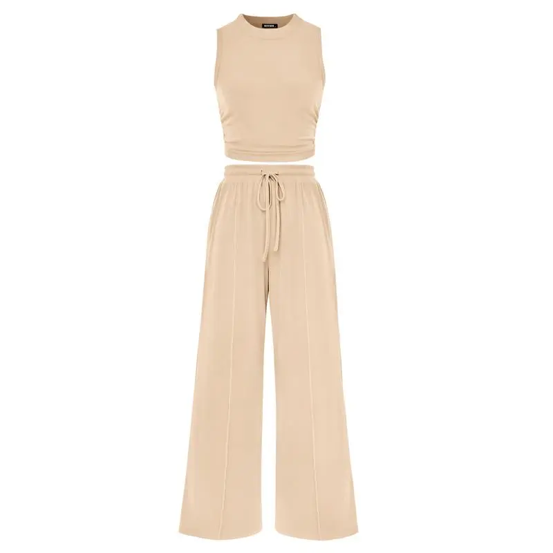 Women's Summer 2-Piece Outfits - Ribbed Knit Crew Neck Sleeveless Cropped Top & Wide Leg Pants Lounge Set