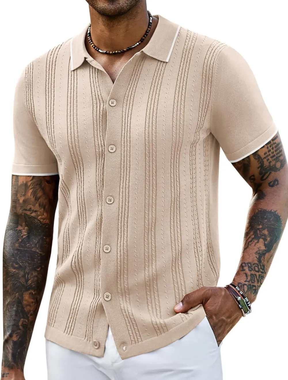 Men's Knit Shirts Short Sleeve Casual Button Down Polo Shirt Summer Beach Vacation Shirts Outfit Top