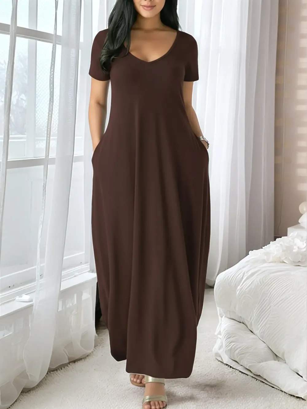 Women's Slim-Fit Long Coffee-Colored Dress