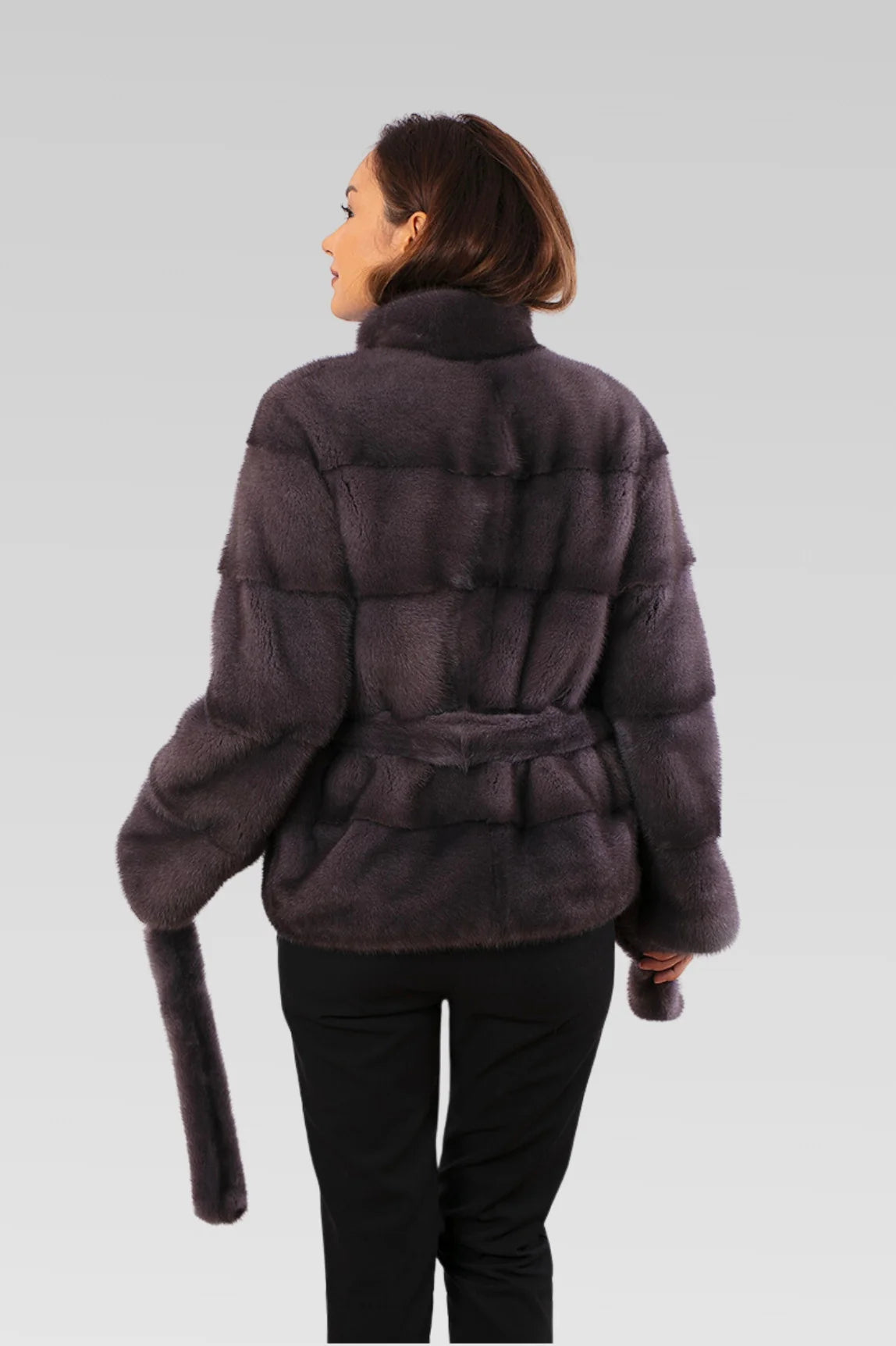 Haină din Blană Naturală de Vizon, cu Cordon, Femei, Graphite 190