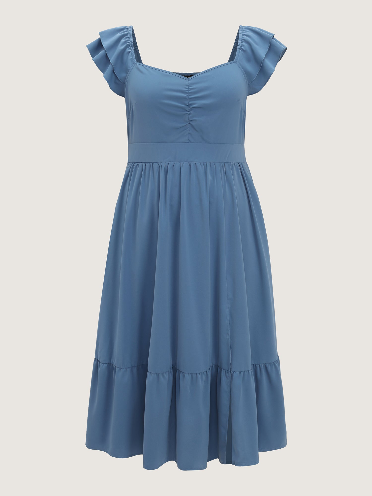 Ruched Shirred Back Layered Sleeve Midi Dress