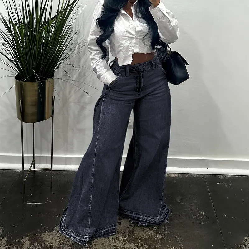 Women Flared Wide Side Loose Jeans High Waist