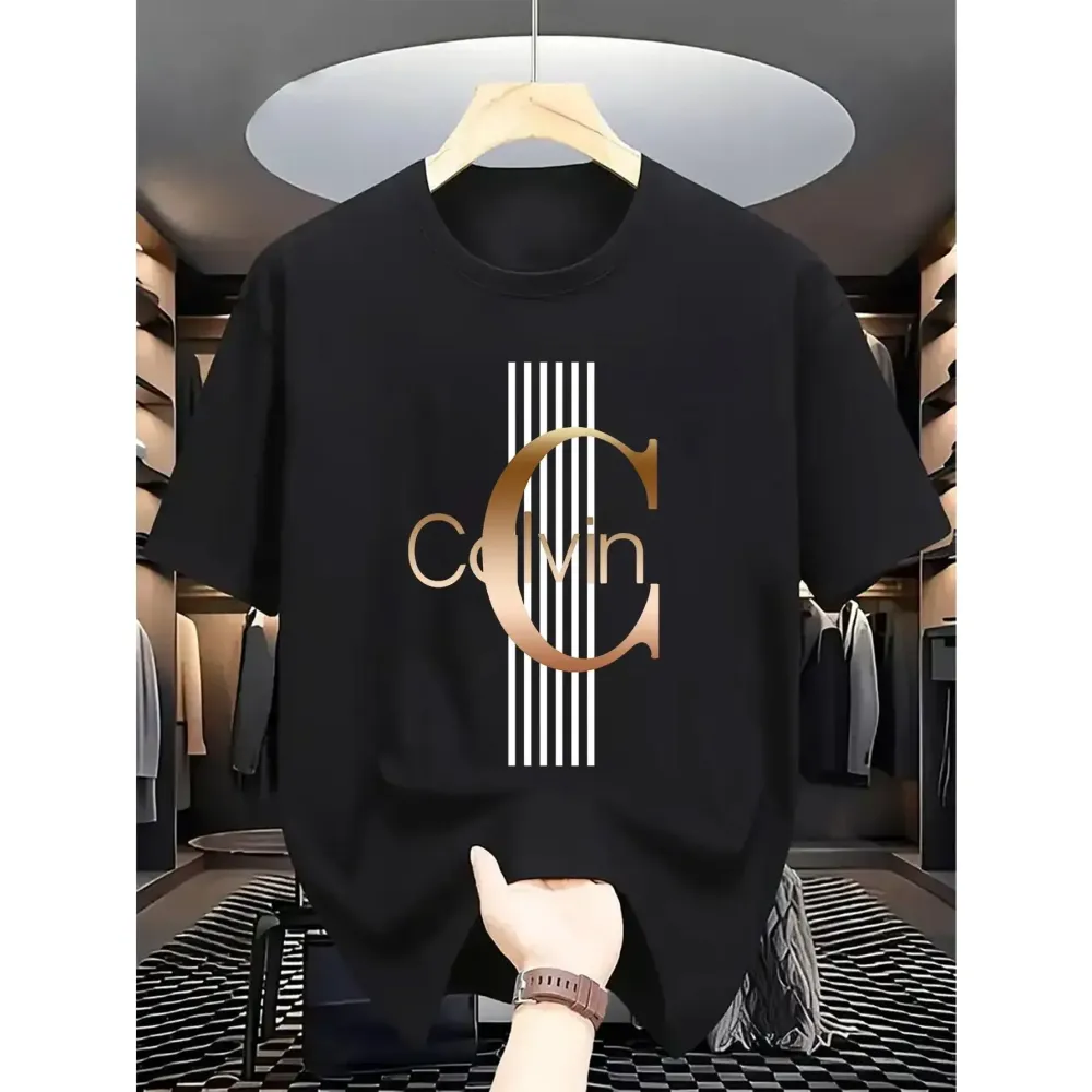 Men'S Casual Calvin Graphic T-Shirt - Bold Letter Print with Black Stripes & Golden Accents, Breathable Round Neck Summer Streetwear