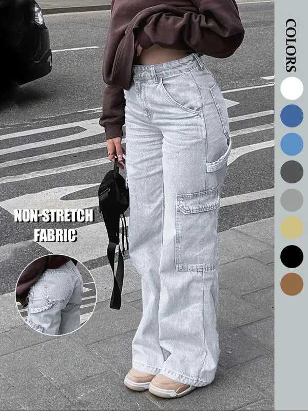 Women's High Waist Cargo Jeans with 6 Pockets, Wide Leg Baggy Denim Pants for Casual Street Style