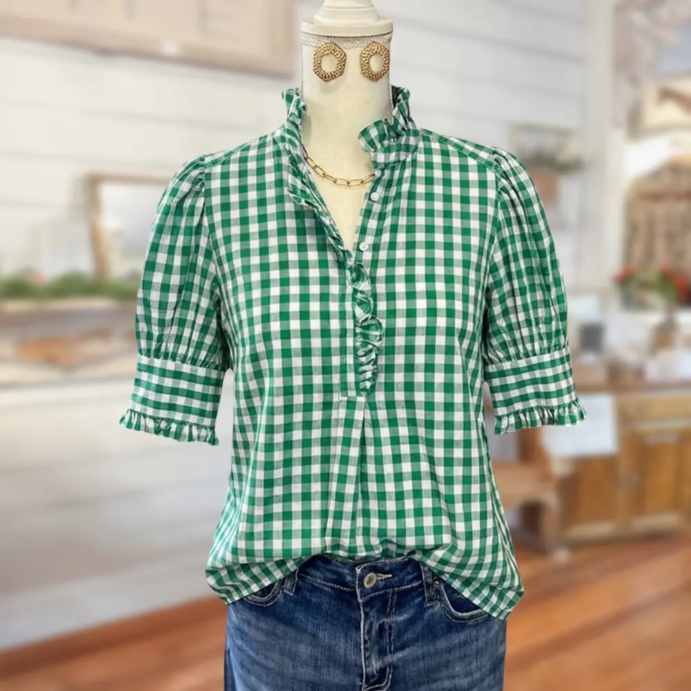 🌿 Women's Vintage Gingham Puff Sleeve Blouse