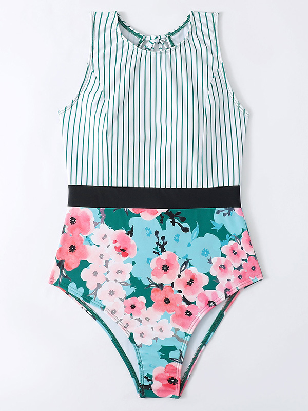 Striped+Floral Printed Split-Joint One-Piece Swimwear