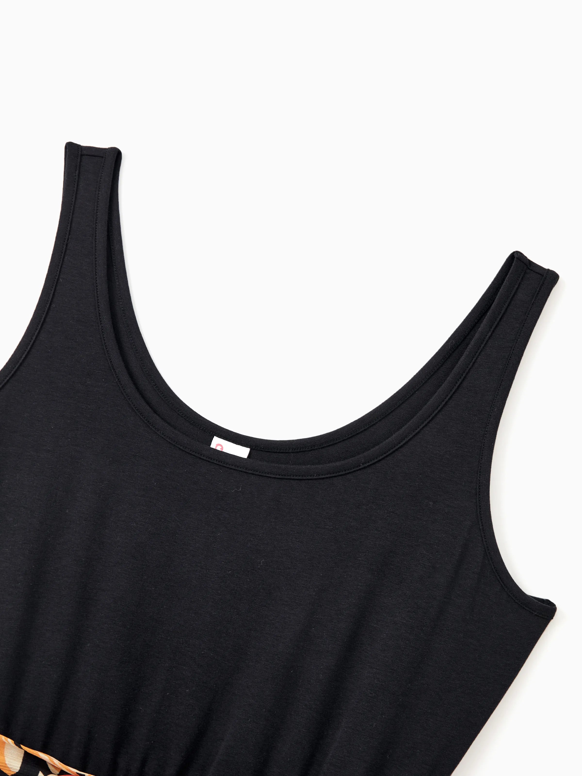 Family Matching Set Floral Sleeveless Strappy Dress or Colorblock Short-sleeve T-shirt  Black