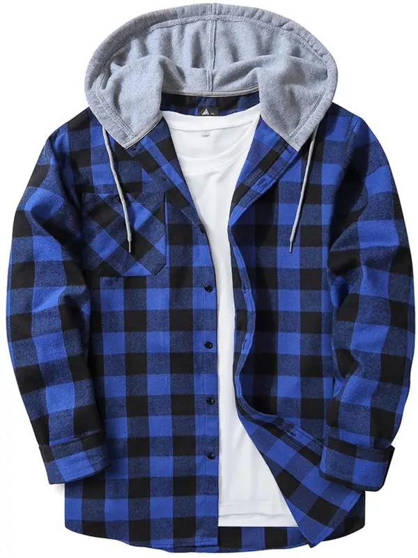 Men's Plaid Print Button Front Drawstring Hooded Shirt, Regular Fit Casual Pocket Long Sleeve Outerwear
