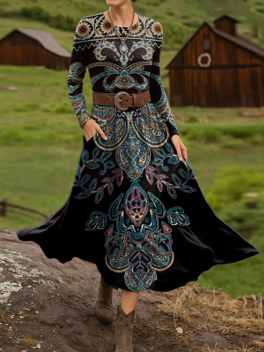 Women's Vintage Paisley Art Print Long Sleeve Dress