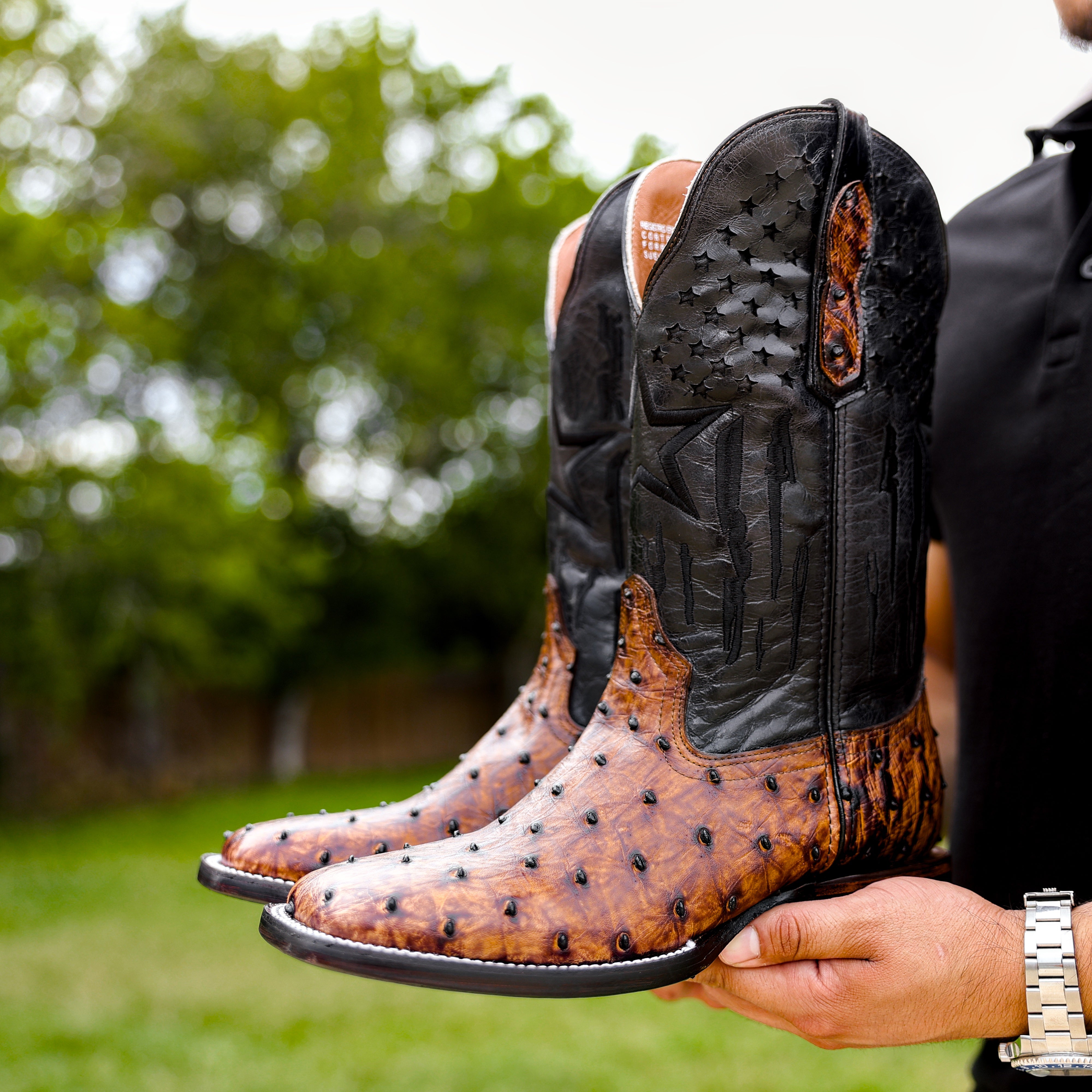 Honey Cognac Ostrich Leather Boots - Square Toe