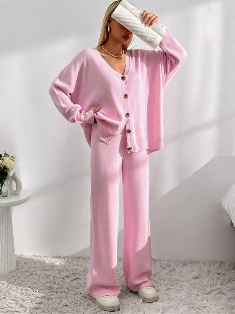 Women's Solid Button Front Drop Shoulder V Neck Cardigan & Elastic Waist Wide Leg Pants Two-piece Set, Matching Clothing Set