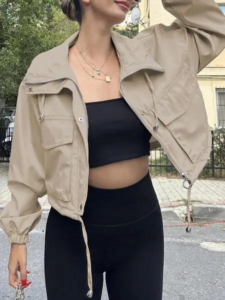 Women's Solid Zip Up Crop Jacket